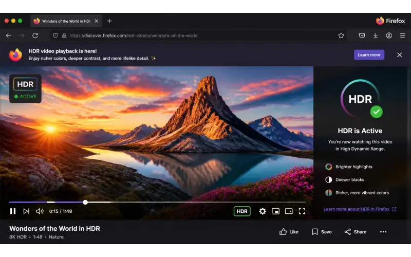Firefox 153 Adds HDR Video Support for Windows and HDR Monitors